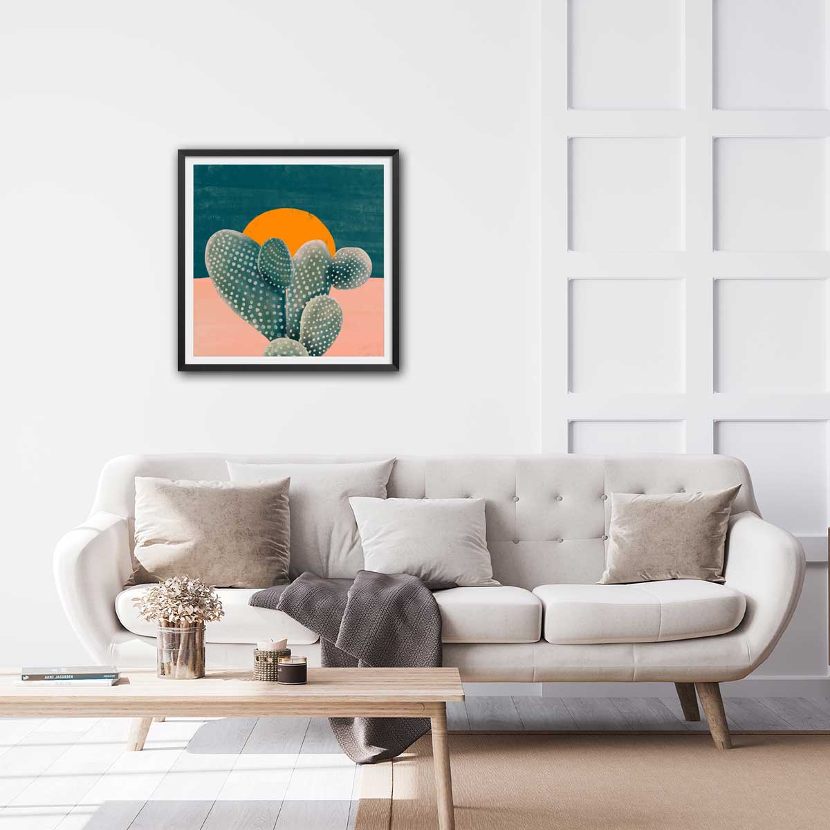 Affiche illustration cactus et soleil orange affiche + cadre en bois - noir, HEXOA