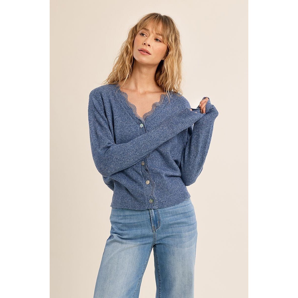 Gilet manches longues col V bleu, MOLLY BRACKEN