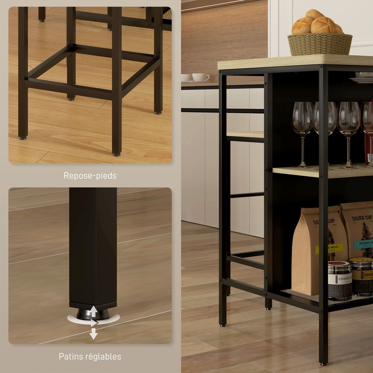 Ensemble de table de bar MDF Bois naturel bois naturel, noir, HOMCOM