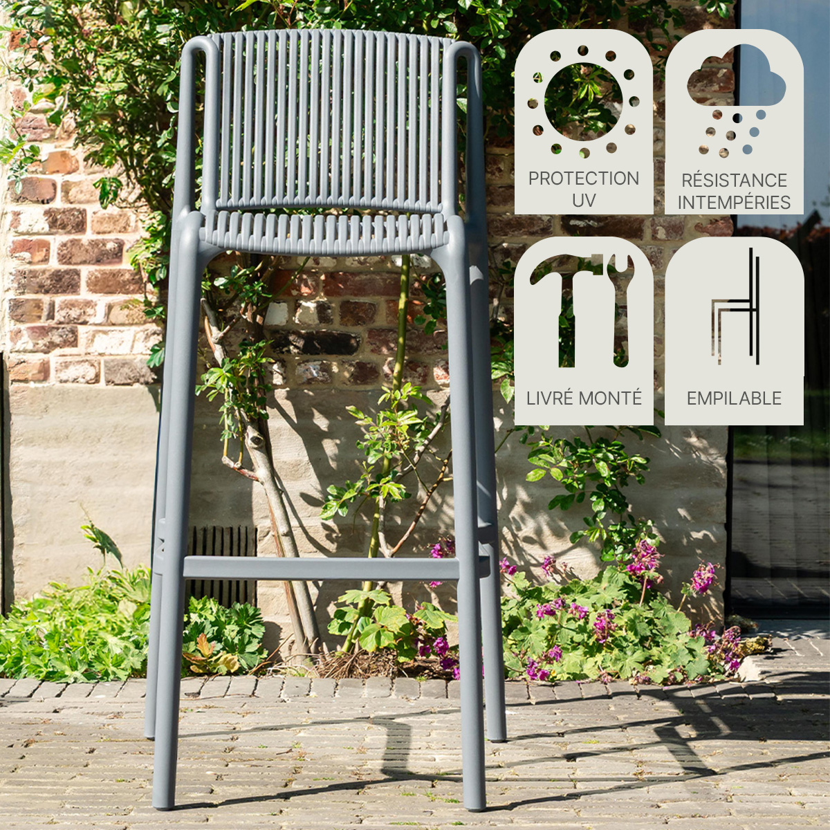 Lot de 2 Chaises hautes de jardin en résine Gris ANDREA gris anthracite, WILSA GARDEN