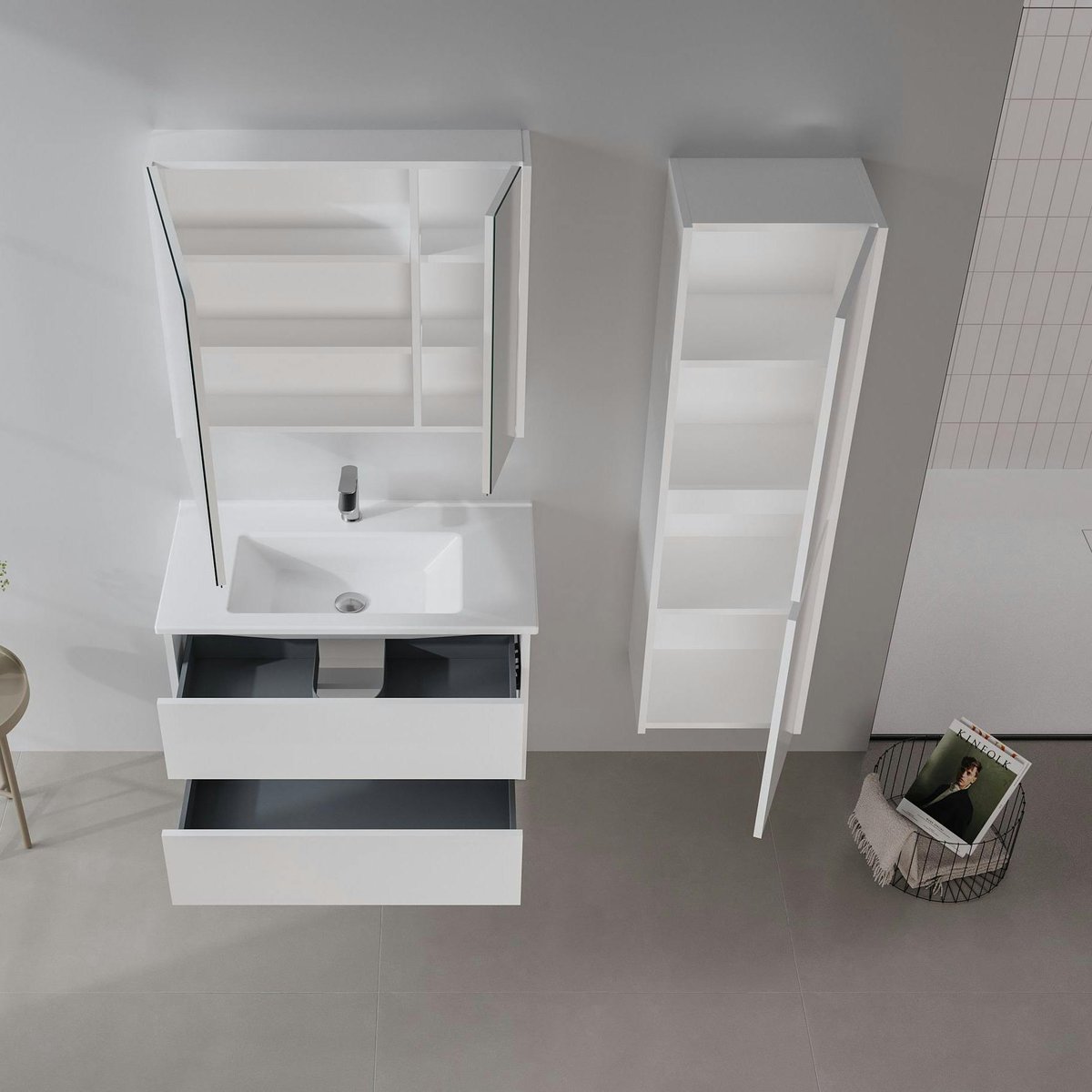Meuble vasque suspendu 2 tiroirs 100 cm NAÏA blanc, PIER IMPORT