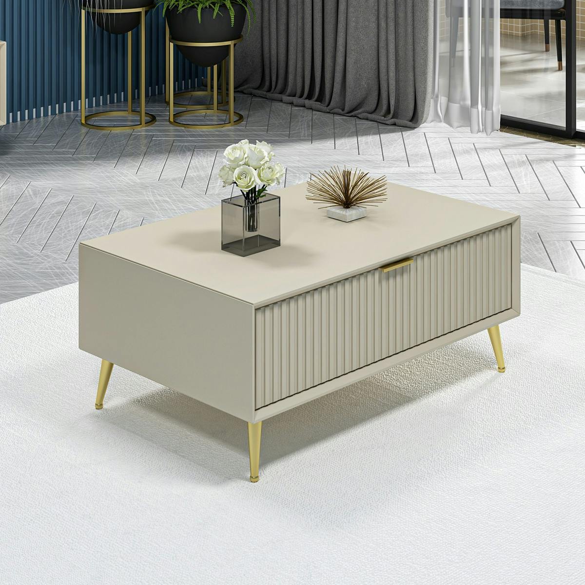 Table basse rectangulaire beige, 1 niche rainurée fermée JENA beige, PIER IMPORT