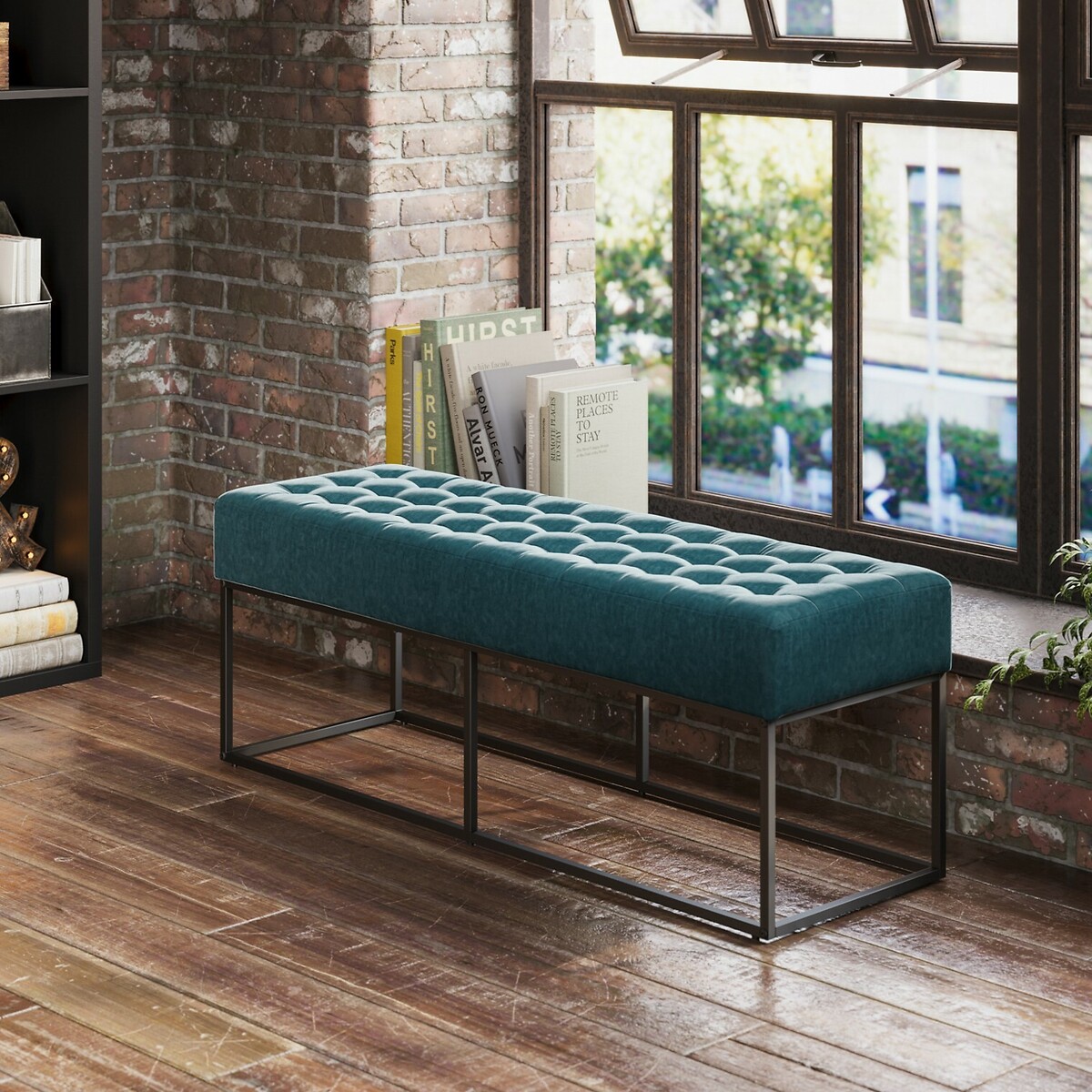 Brogan Button Tufted Chenille Dining Bench (120 cm) sapphire blue, SO'HOME