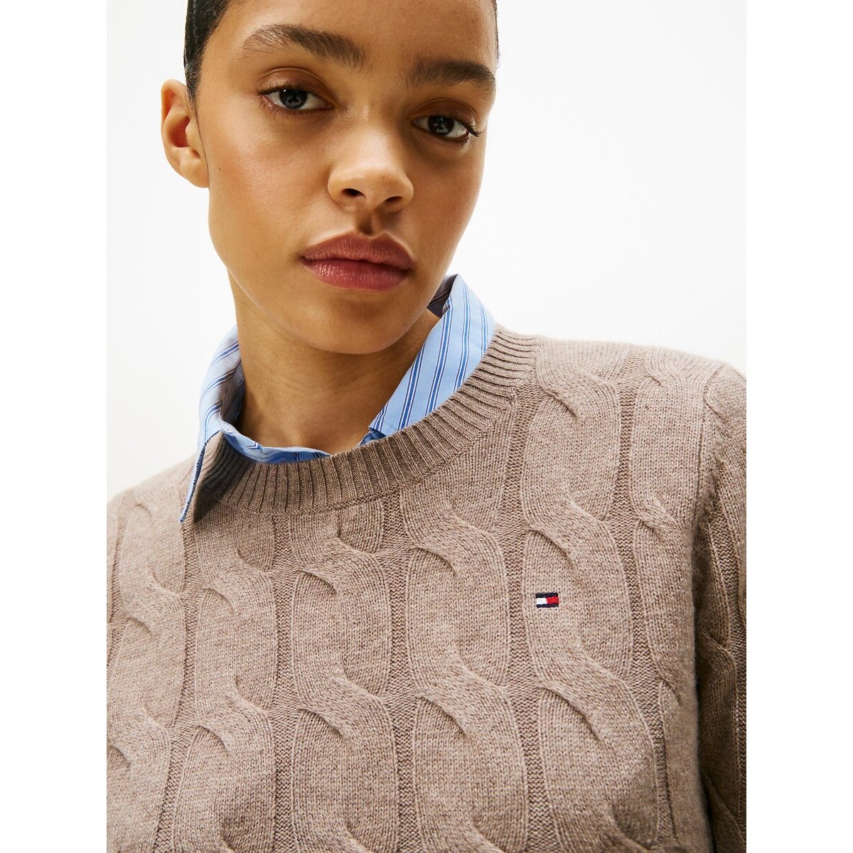 Pull col rond en laine torsadée beige, TOMMY HILFIGER