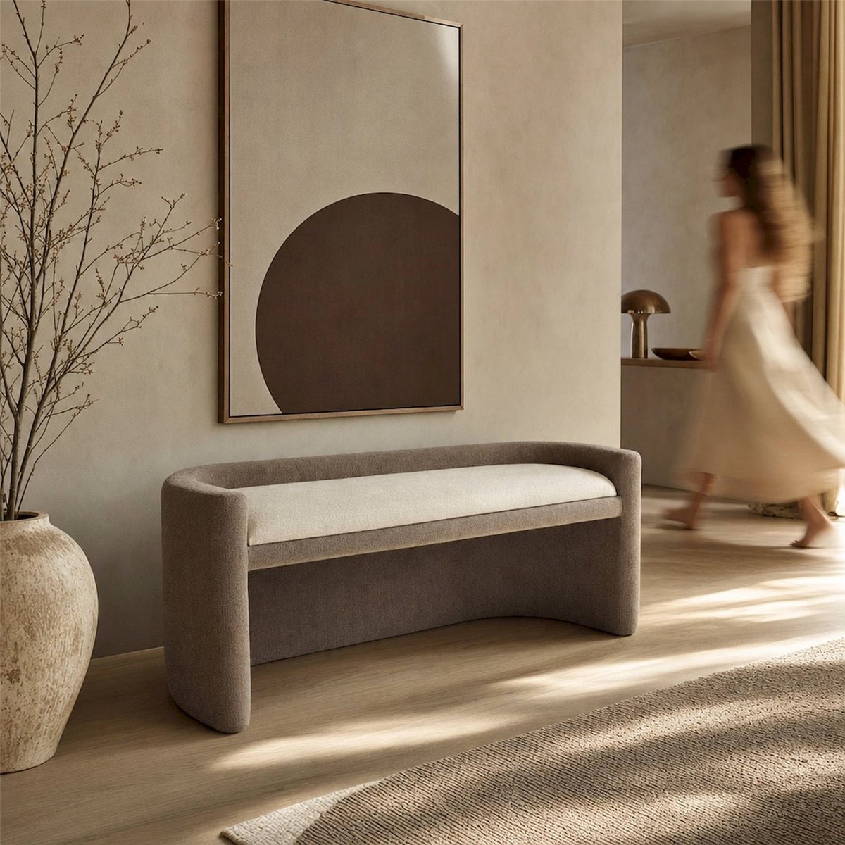 Banc dossier enveloppant en bouclette MODERN marron et beige, RECOLLECTION