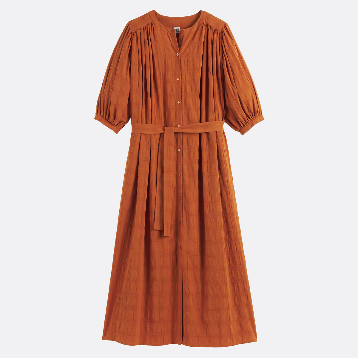 Robe longue ceinturée à manches bouffantes marron rouille, LA REDOUTE COLLECTIONS