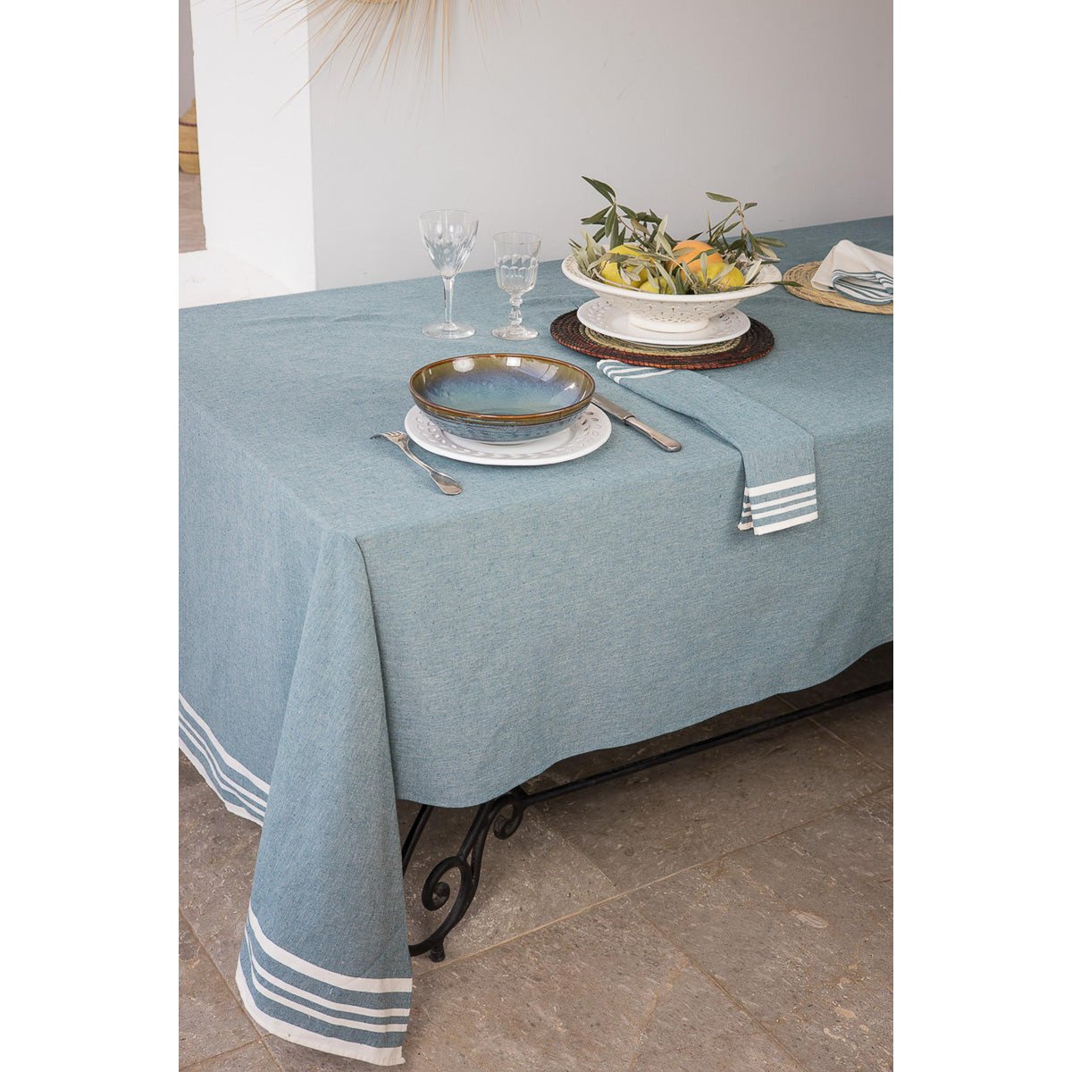 Nappe + 8 serviettes coton MAHDIA bleu pétrole, FEBRONIE