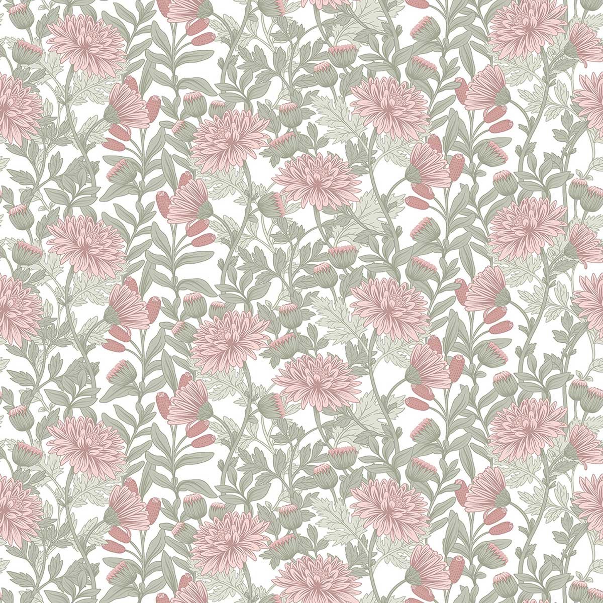 Papier peint chrysanthèmes rose poudré rose, HEXOA
