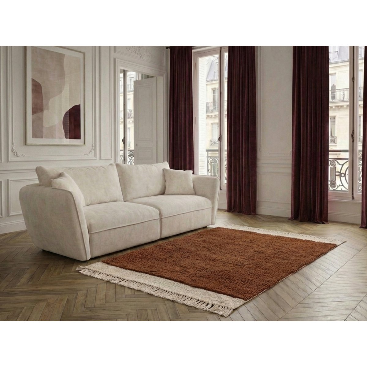 Canapé droit fixe 3 places en tissu texturé, LUIGI blanc, BOBOCHIC