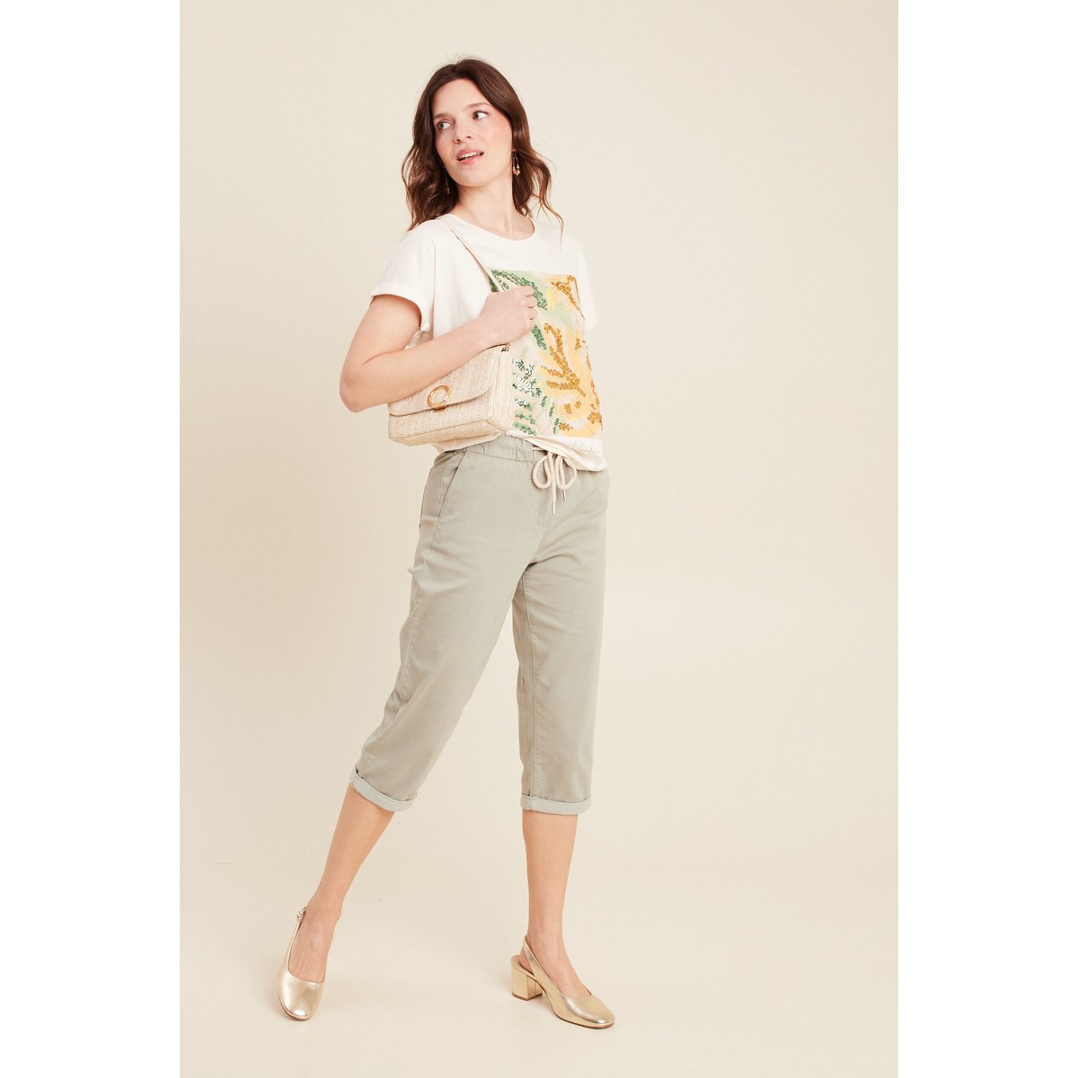 Pantacourt large taille haute vert clair, BREAL