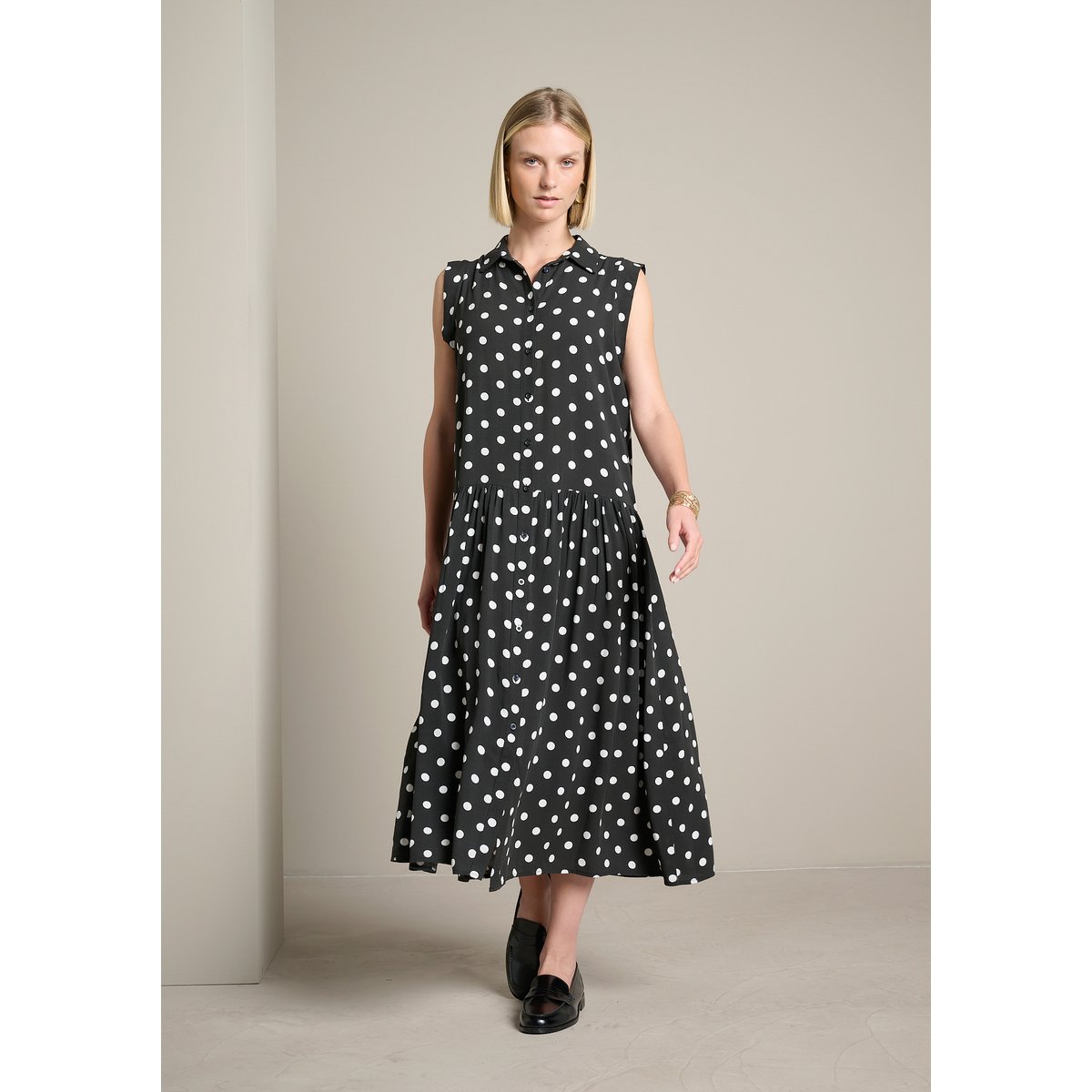 Robe chemise midi à pois noir, LOLALIZA
