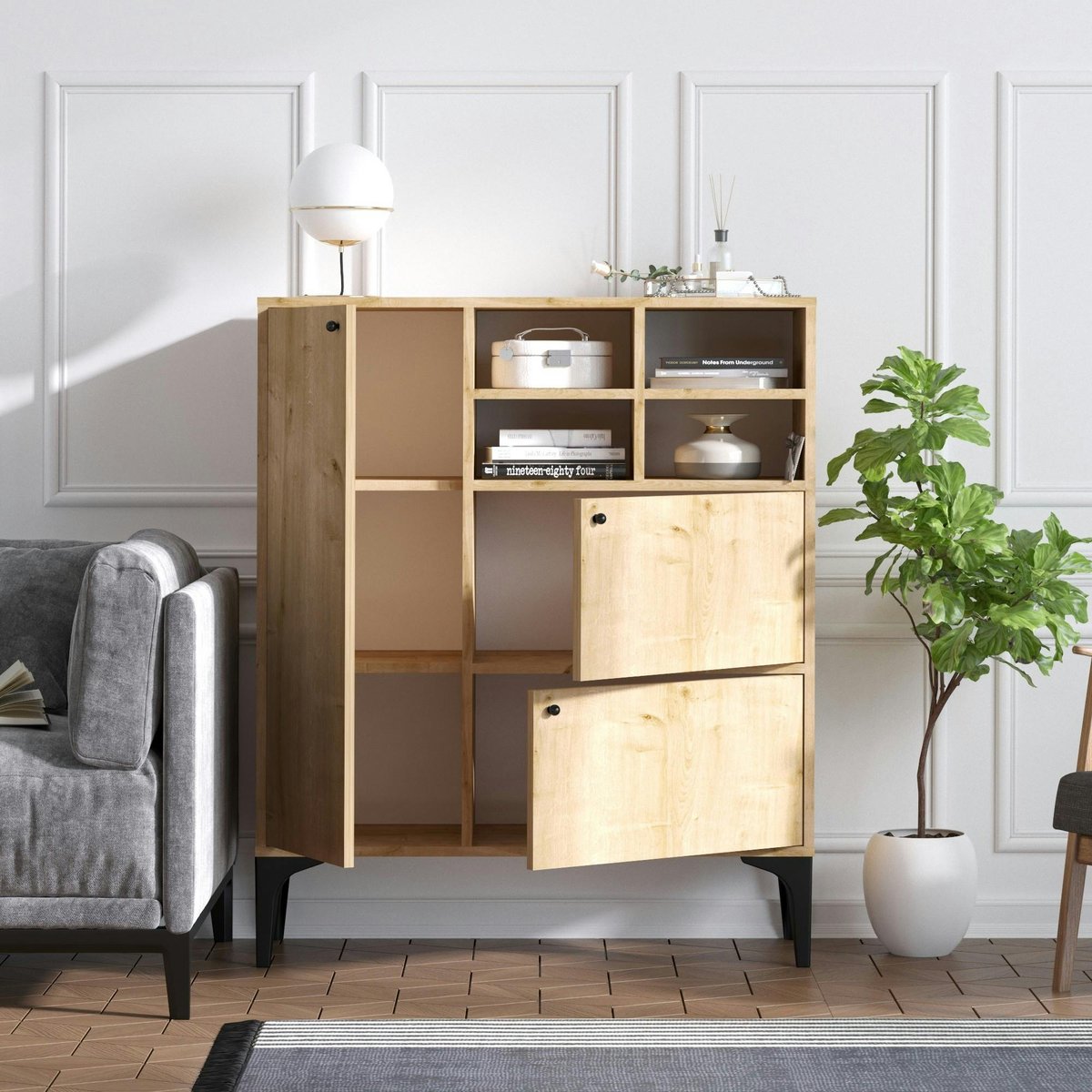 Buffet haut moderne effet chêne - 4 niches JENA bois naturel, PIER IMPORT