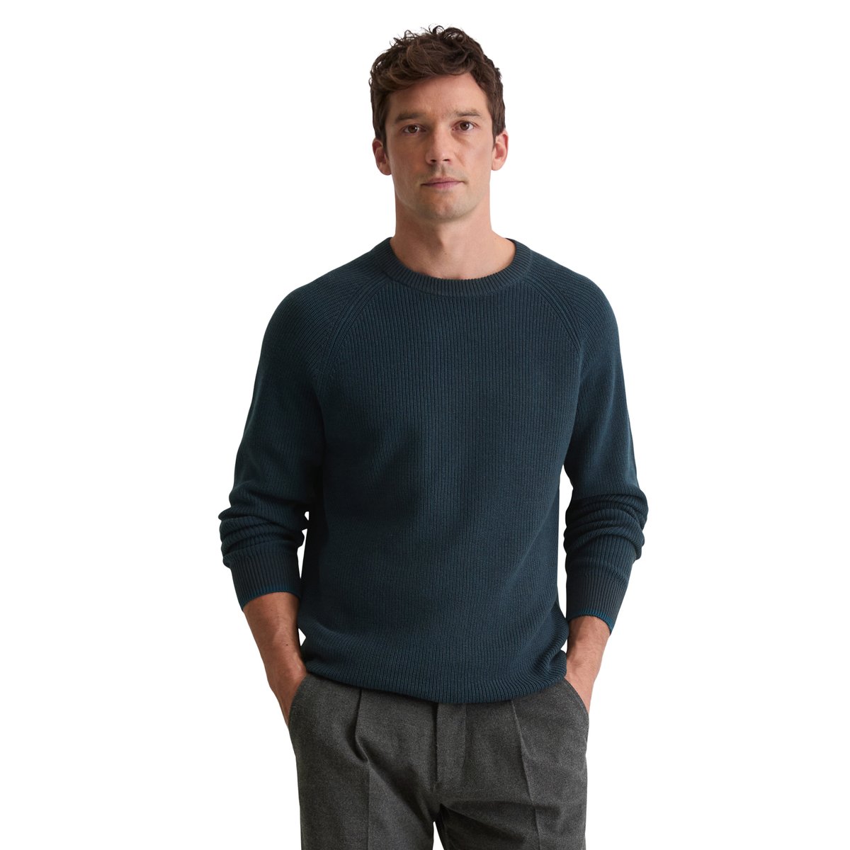 Pull-over regular en doux mélange de coton et de laine vierge bleu foncé, MARC O'POLO