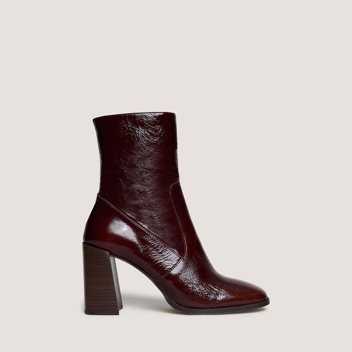 Vidal square toe glossy leather ankle boots chocolate, JONAK