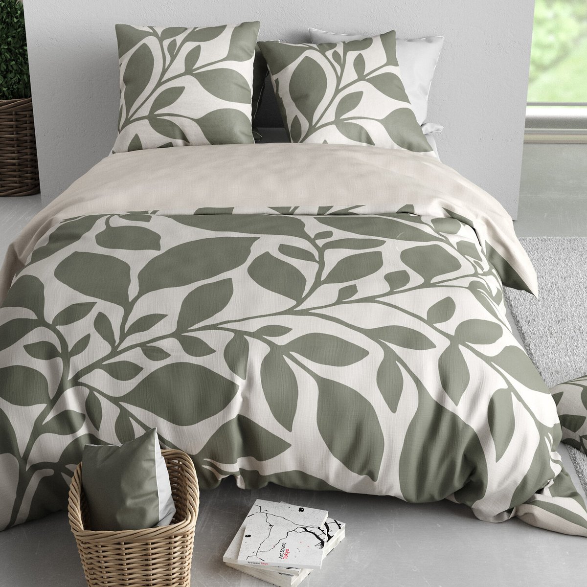 Parure housse de couette en coton imprimée, Nais vert, C DESIGN HOME TEXTILE