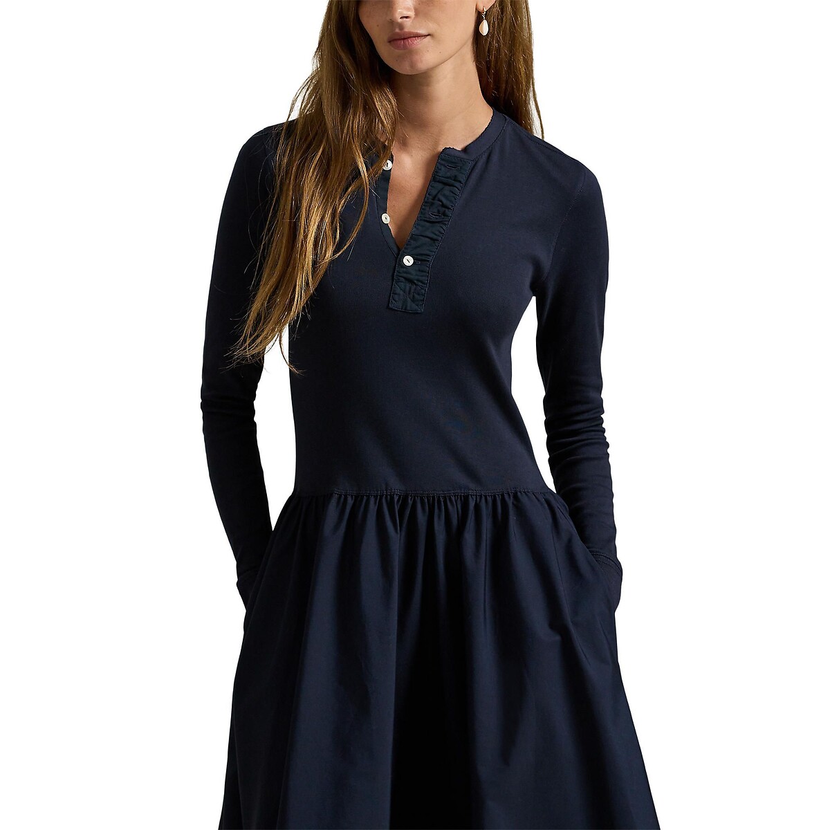 Robe longue évasée à manches longues marine, POLO RALPH LAUREN