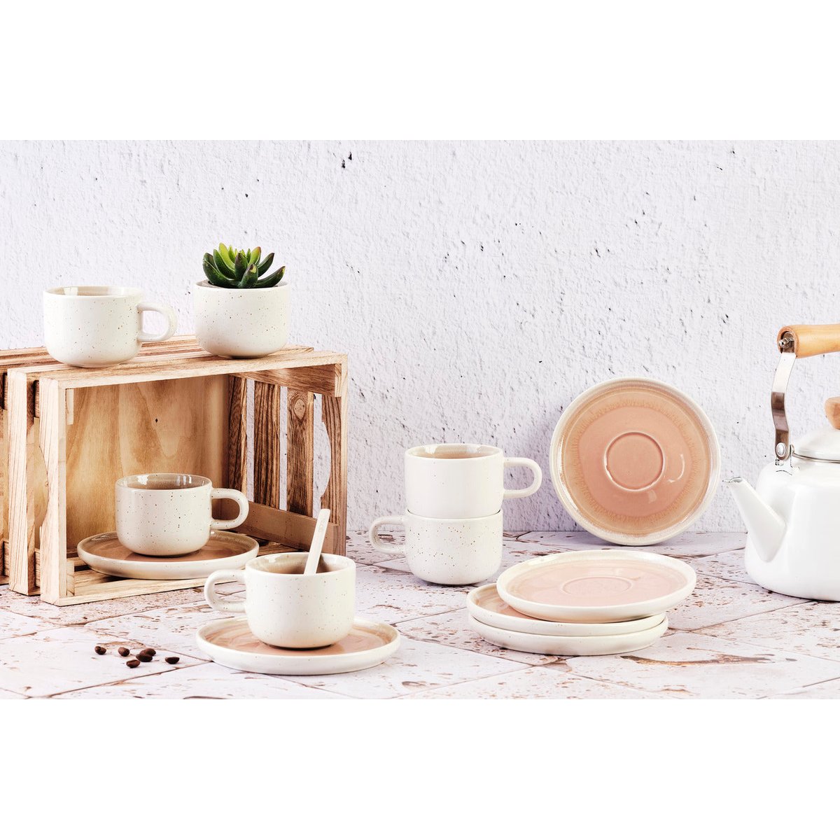 Lot de 6 tasses en grès, OXYGEN dégradé rose poudre et beige, BJORN