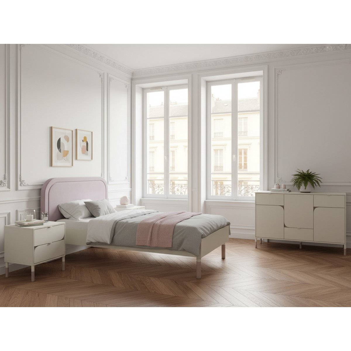 Ensemble lit, chevet et commode en panneaux de particules, BOREO blanc, BOBOCHIC