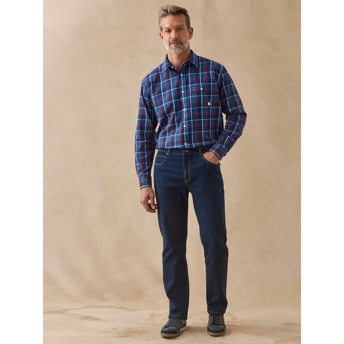 Jean droit extensible à taille élastiqué bleu brut, DAXON