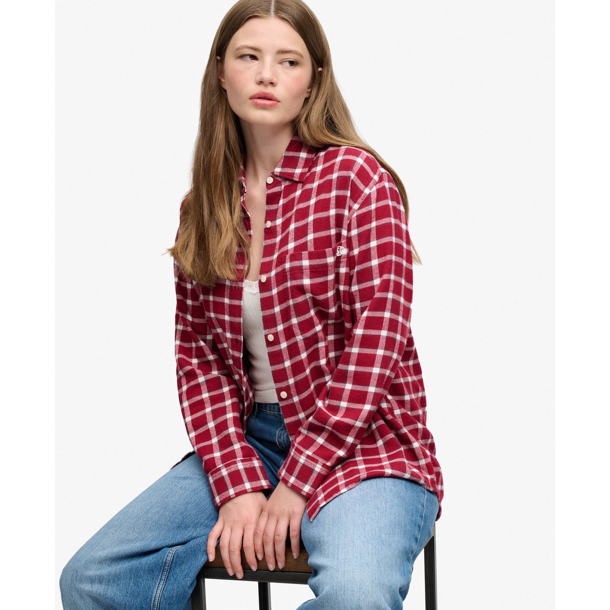 Chemise Flanelle Carreaux Coupe Oversize bordeaux à carreaux, SUPERDRY