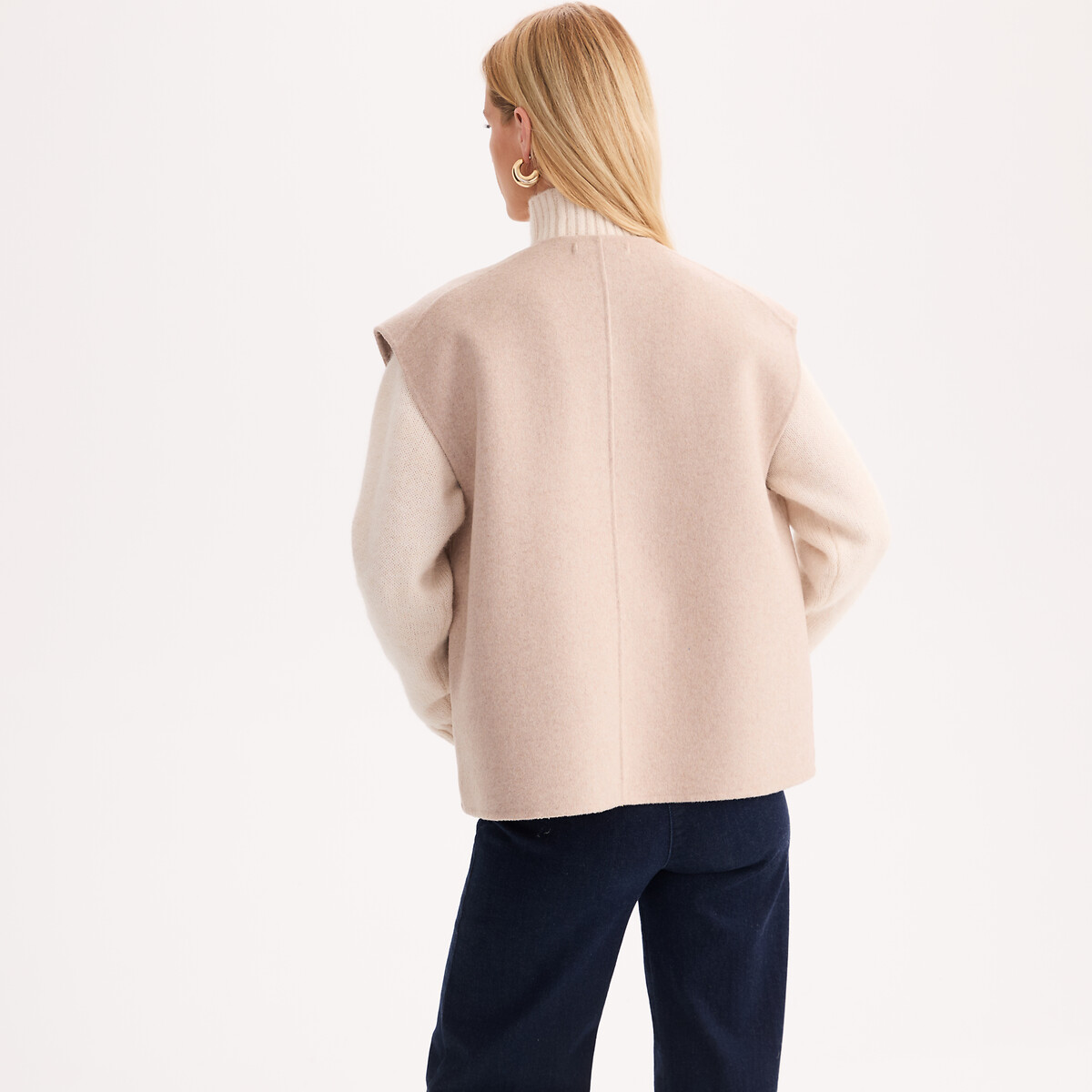 Veste sans manches, en drap de laine, coupe oversize beige clair chiné, ANNE WEYBURN