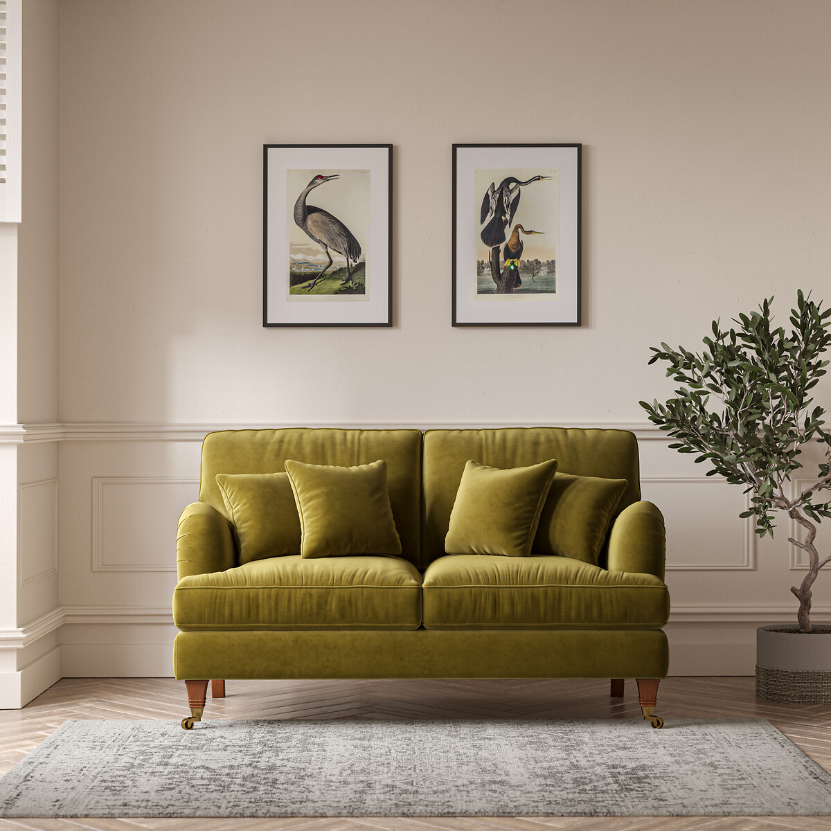 Emeline Velvet 2 Seater Sofa with Castor Legs olive, ÉDITÉ