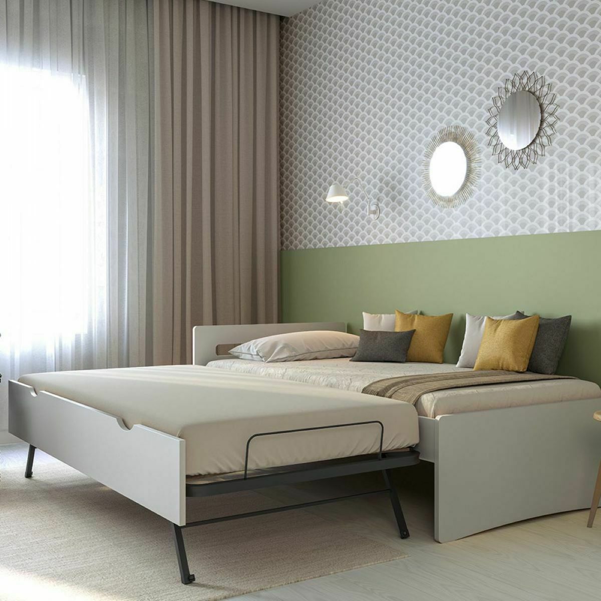 Pack lit gigogne avec matelas Bois massif LEO blanc et bois, AKITEN RETAIL