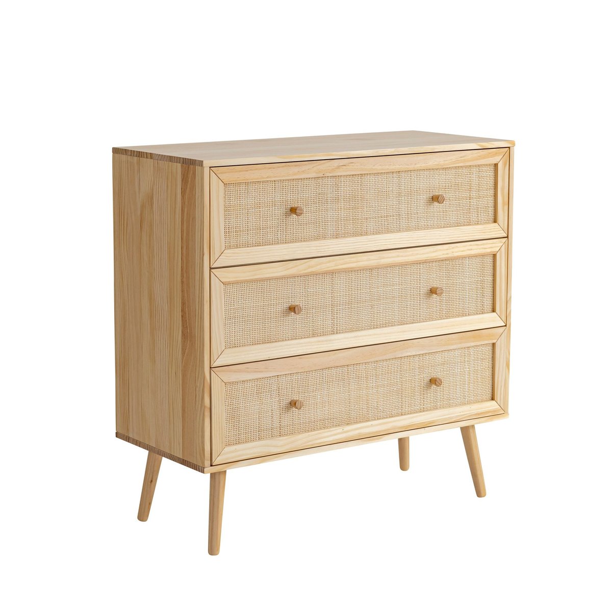 Chambre complète lit cannage enfant avec commode et chevet - ANNA bois naturel, TERRE DE NUIT