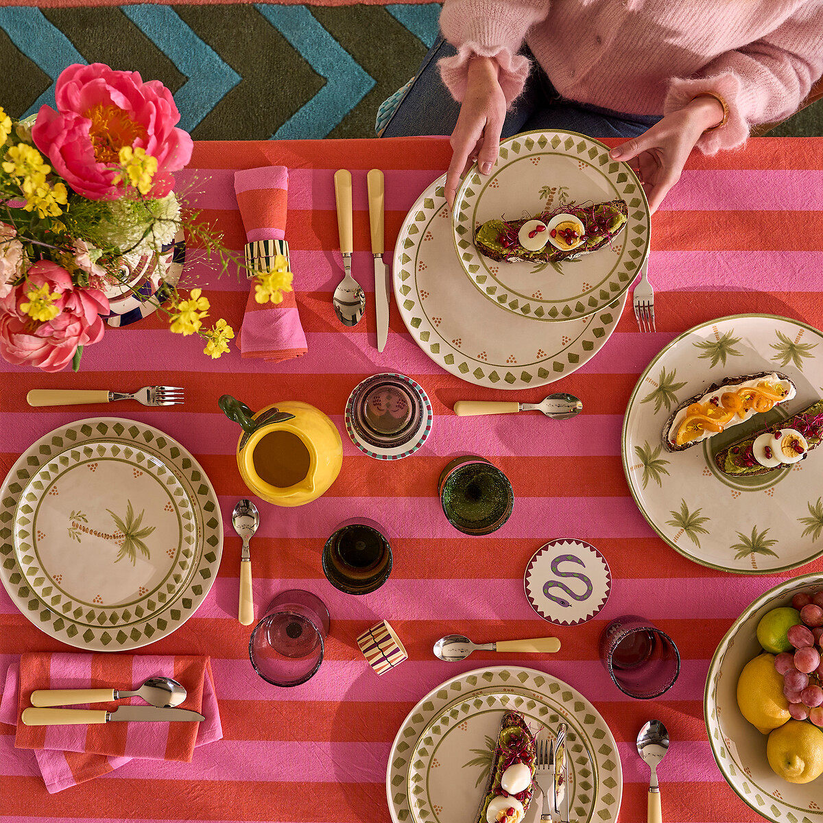 Nappe rayée tissé-teint, 30% coton recyclé, MIRELLA orange/rose, LA REDOUTE INTERIEURS