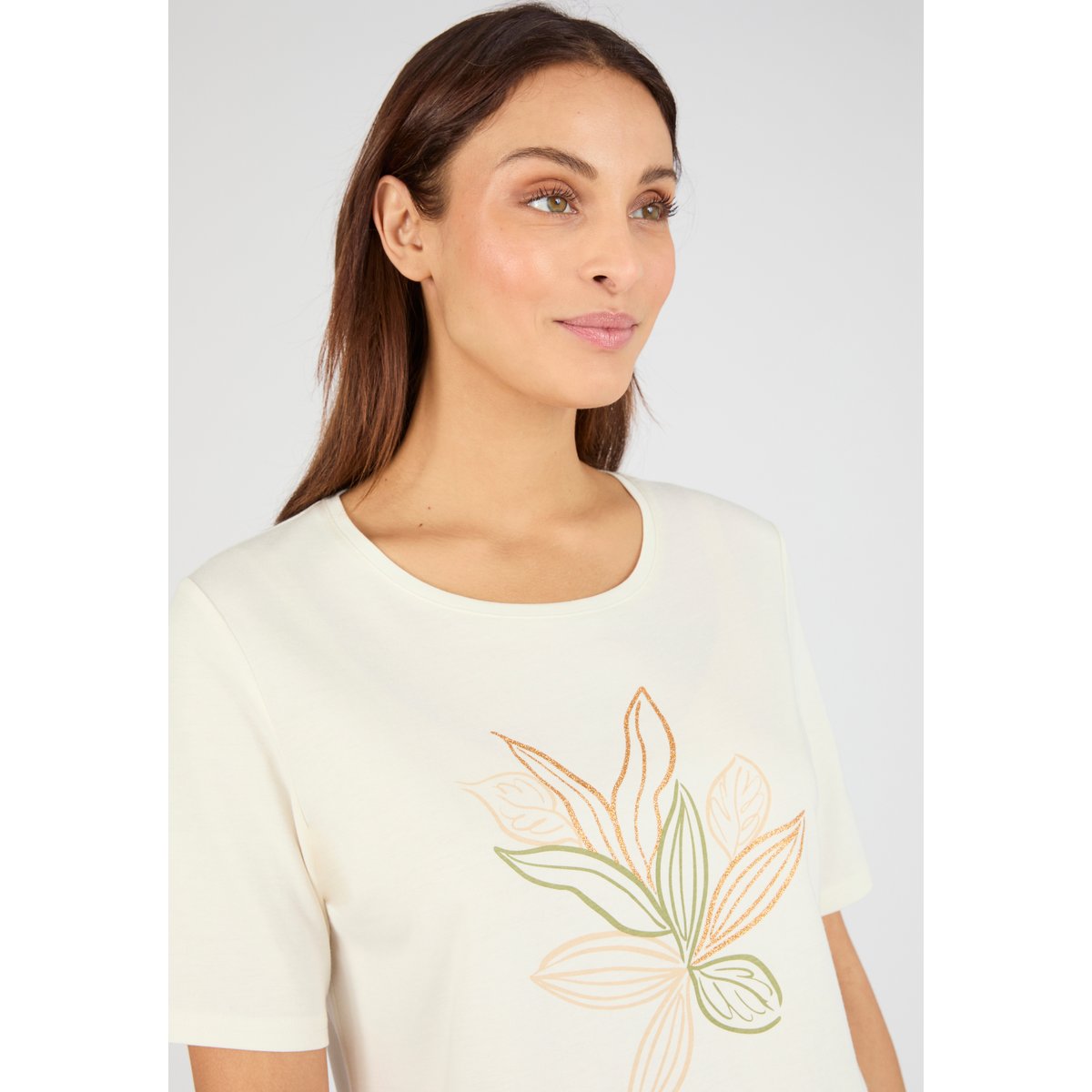 T-shirt maille jersey motif feuillage blanc cassé, DAMART