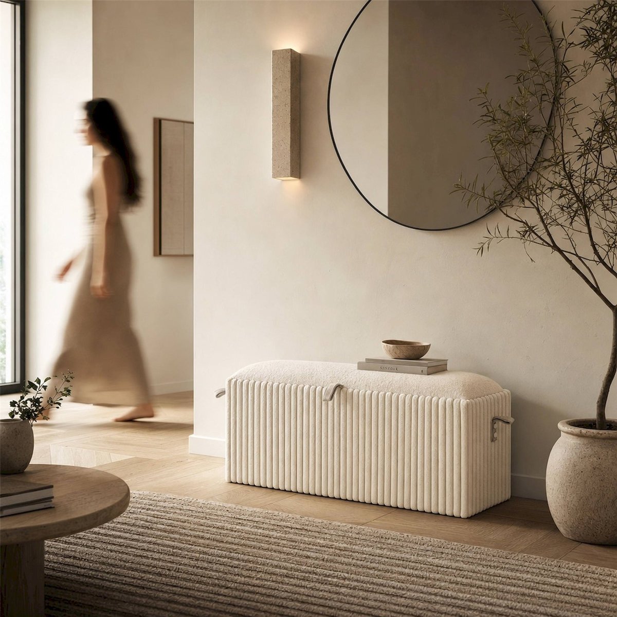 Banc coffre scandinave tissu côtelé MODERN blanc écru, RECOLLECTION