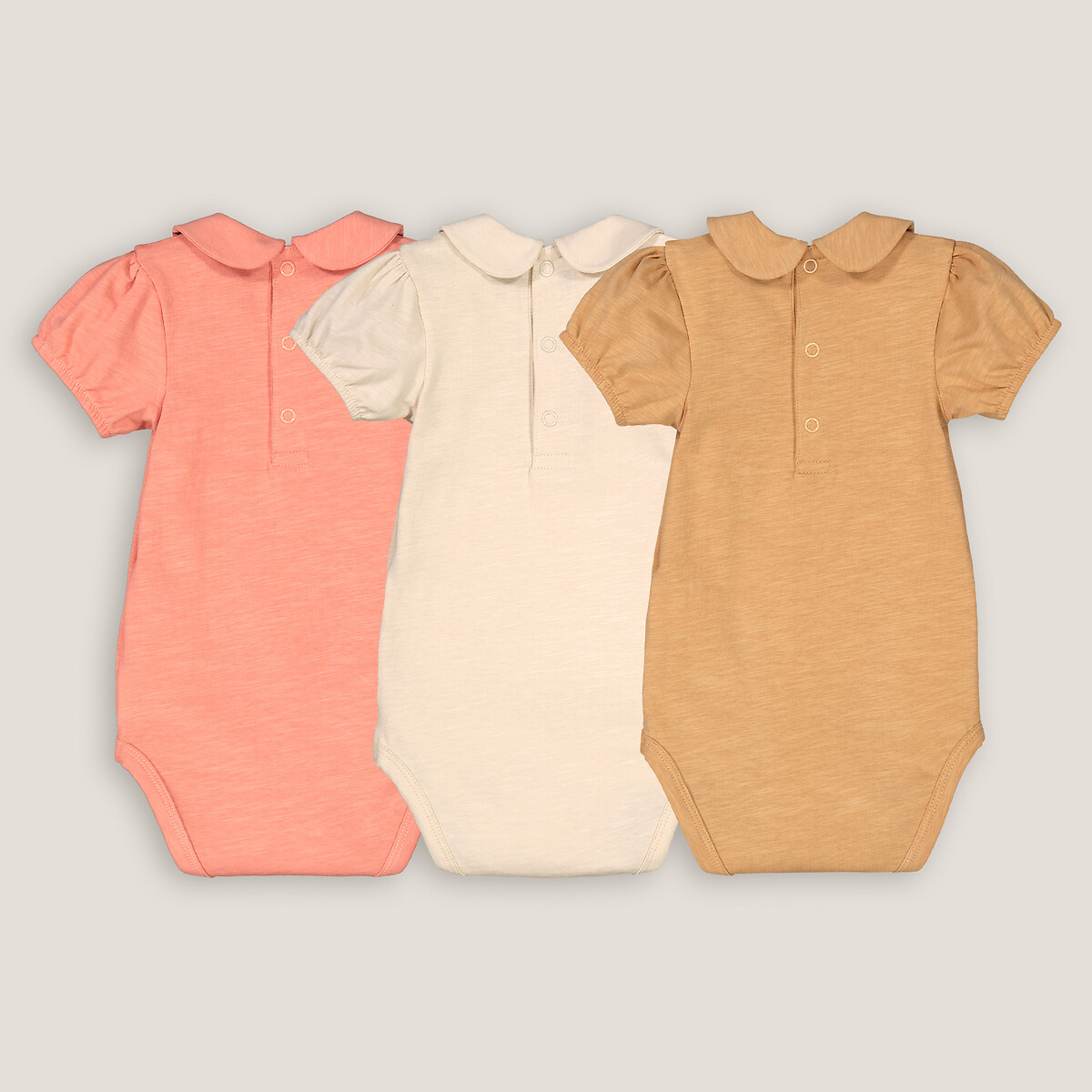 Lot de 3 bodies col claudine manches courtes, en coton flammé, uni beige/rose, LA REDOUTE COLLECTIONS