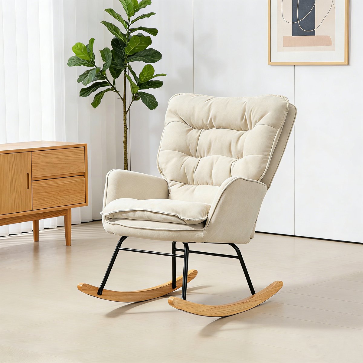 Fauteuil à bascule tissu chenille style scandinave, NEWFUNKELC beige, MEUBLES COSY