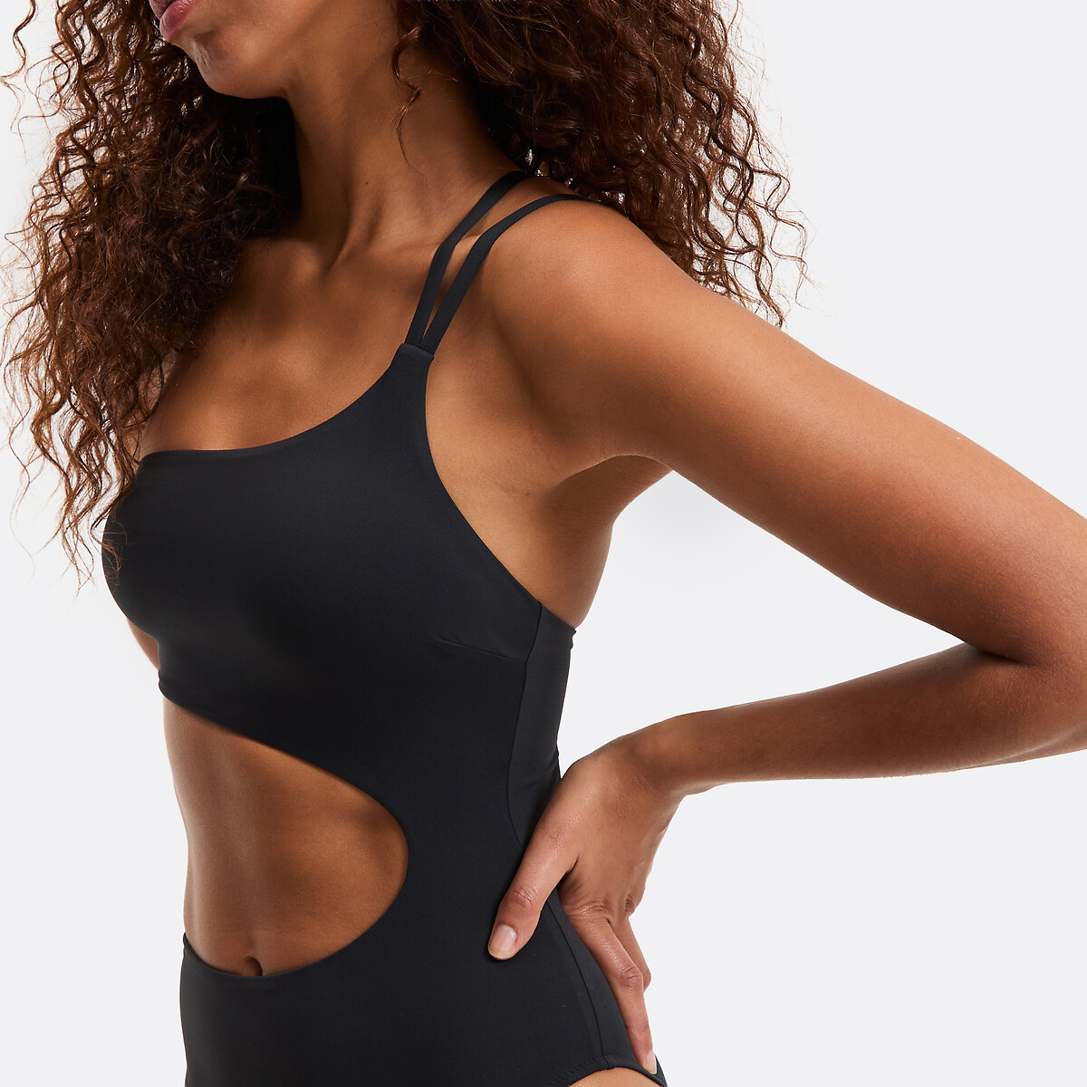 Asymmetric Swimsuit with Waist Cut-Out black, LA REDOUTE COLLECTIONS