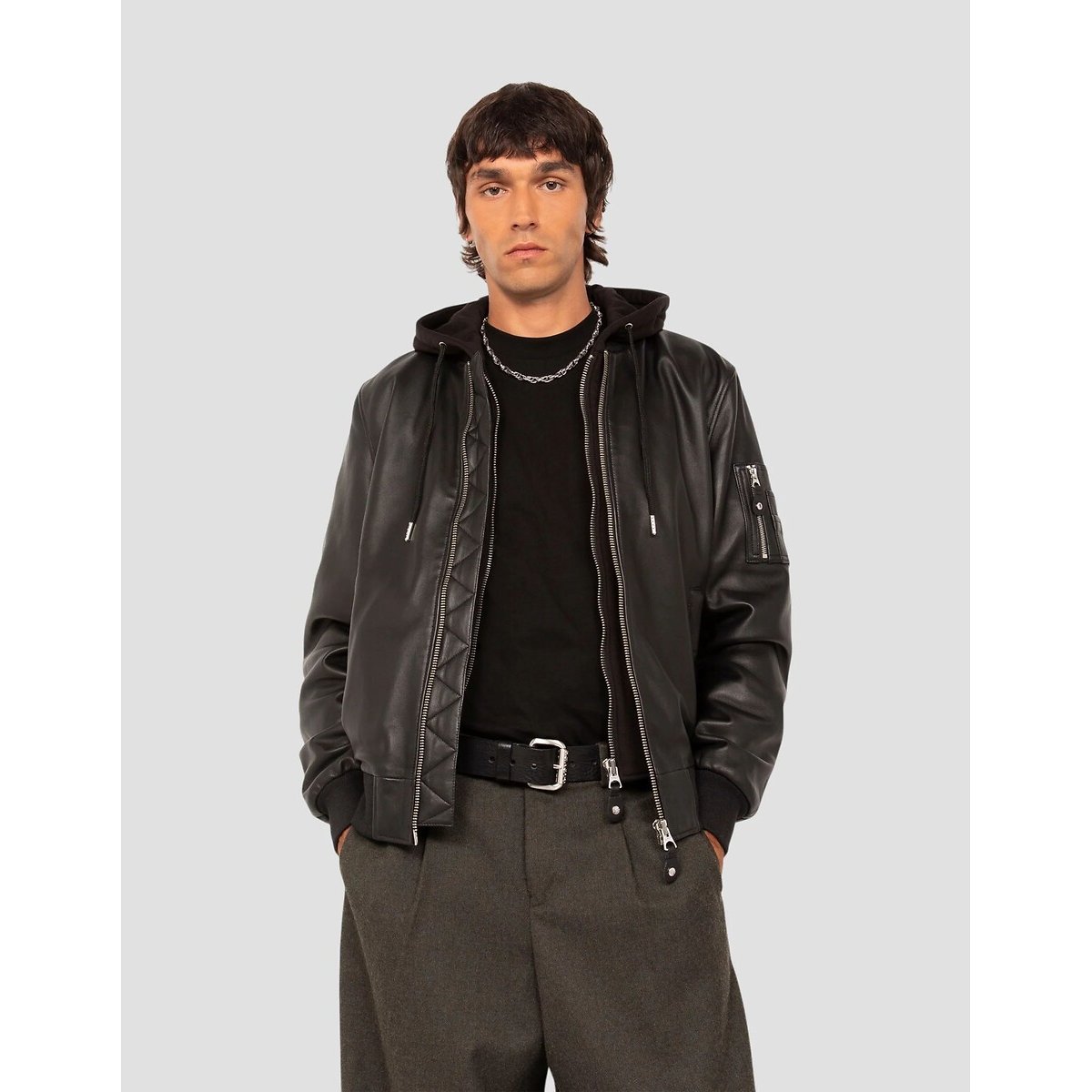LCSPORT Hooded Leather Bomber Jacket black, SCHOTT