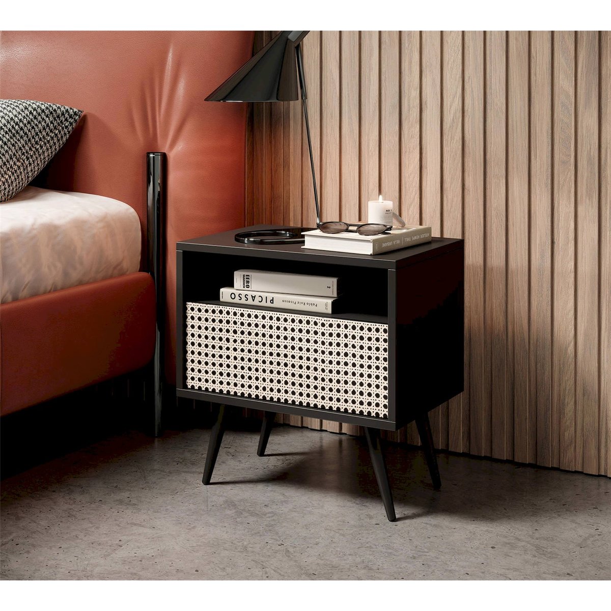 Table de chevet cannage collection BELLO noir avec décor cannage beige, RECOLLECTION