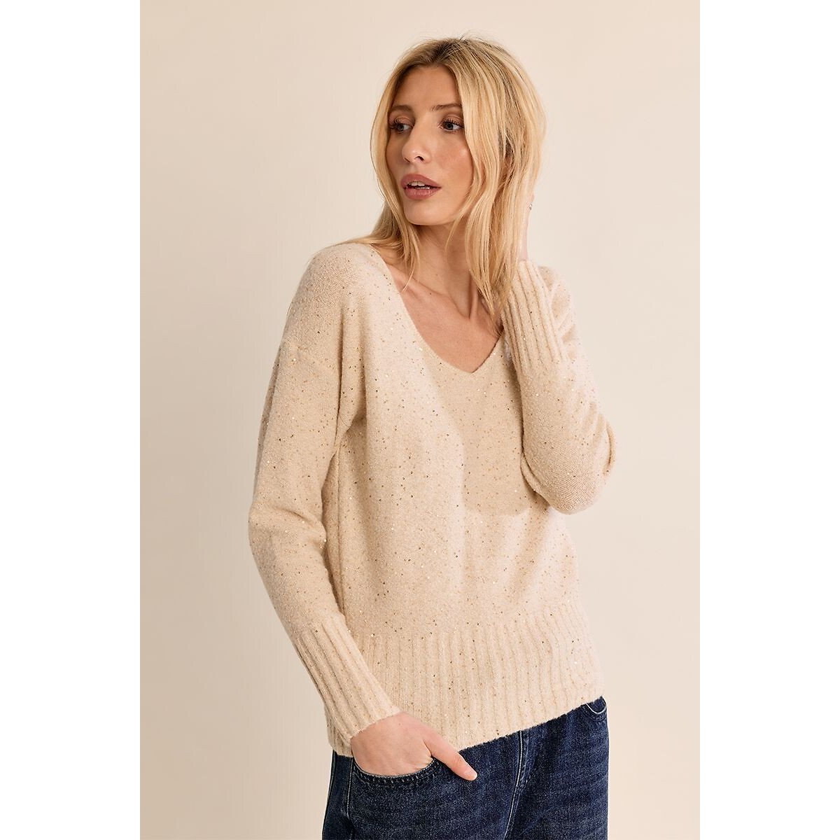 Pull con scollo a V e paillettes ecru , MOLLY BRACKEN