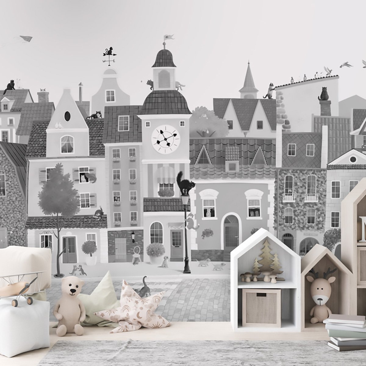Papier enfant Le village des félins gris, HEXOA