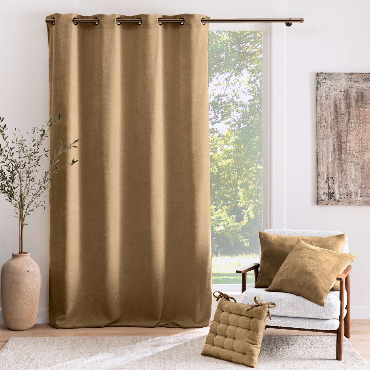 Rideau tamisant à œillets en velours chenille marron, DOUCEUR D'INTÉRIEUR