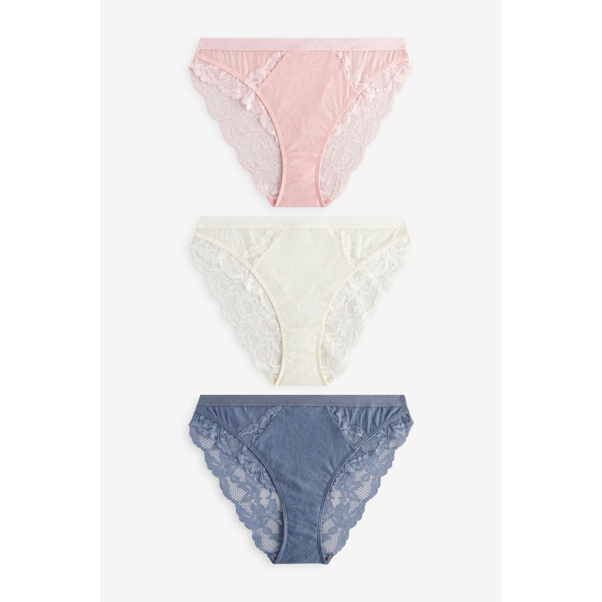 Culottes échancrées en dentelle, lot de 3 marine/rose/crème, NEXT