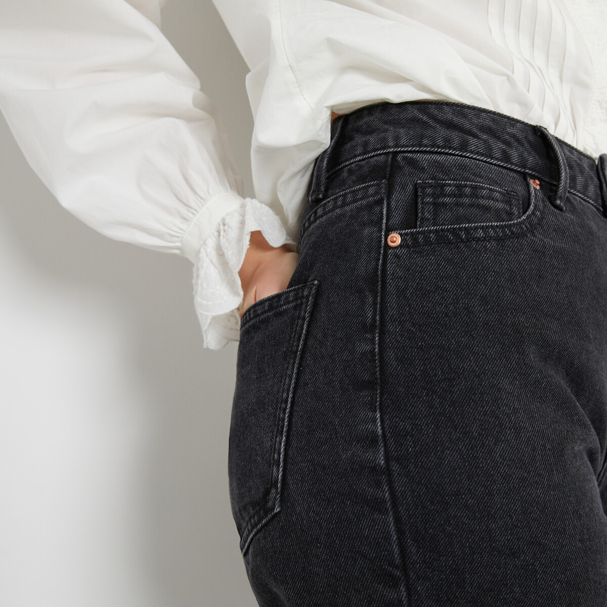 Jeans mom fit em algodão bio, Signature PAULINE preto lavado, LA REDOUTE COLLECTIONS