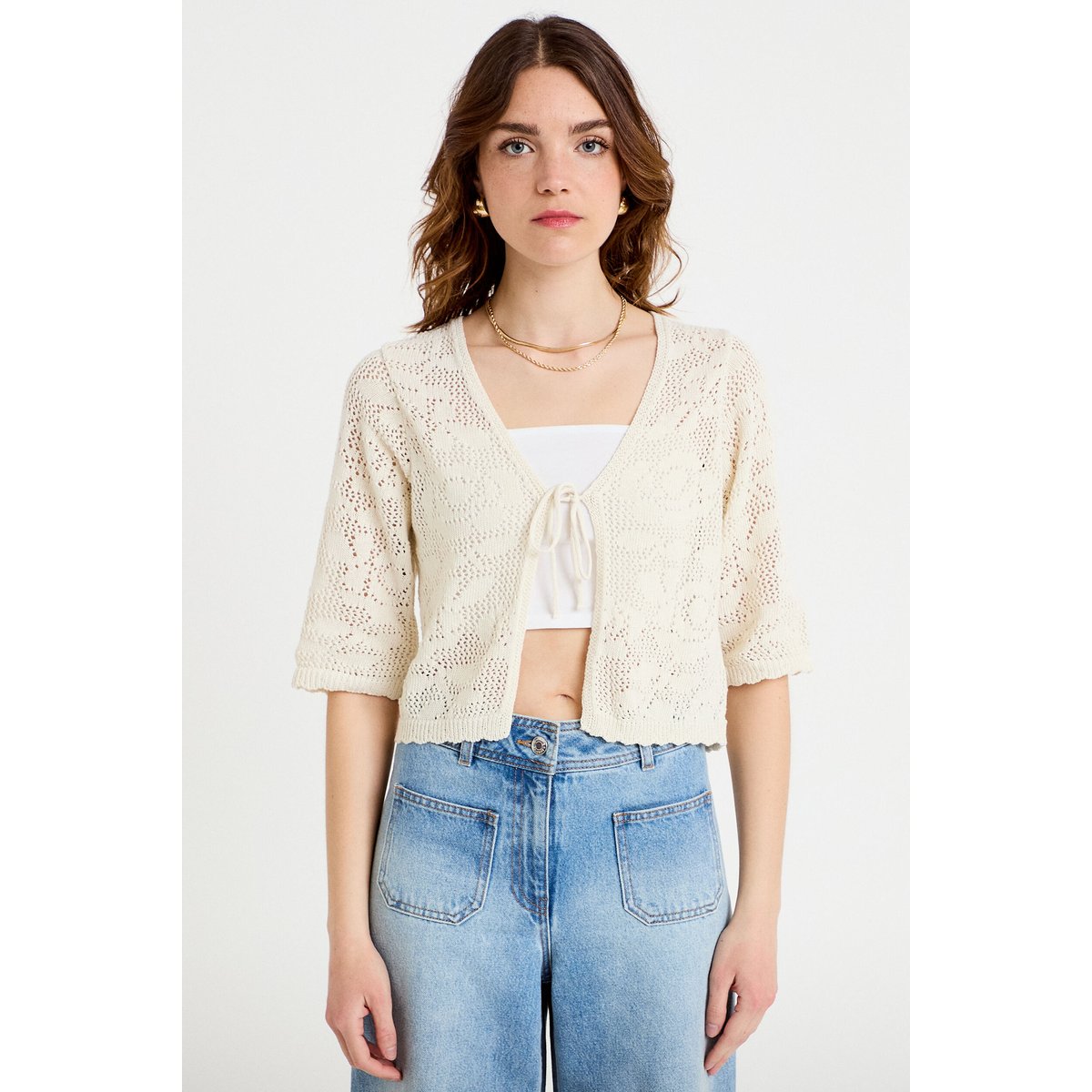 Gilet col v manches 3/4 aspect dentelle ecru, CACHE CACHE