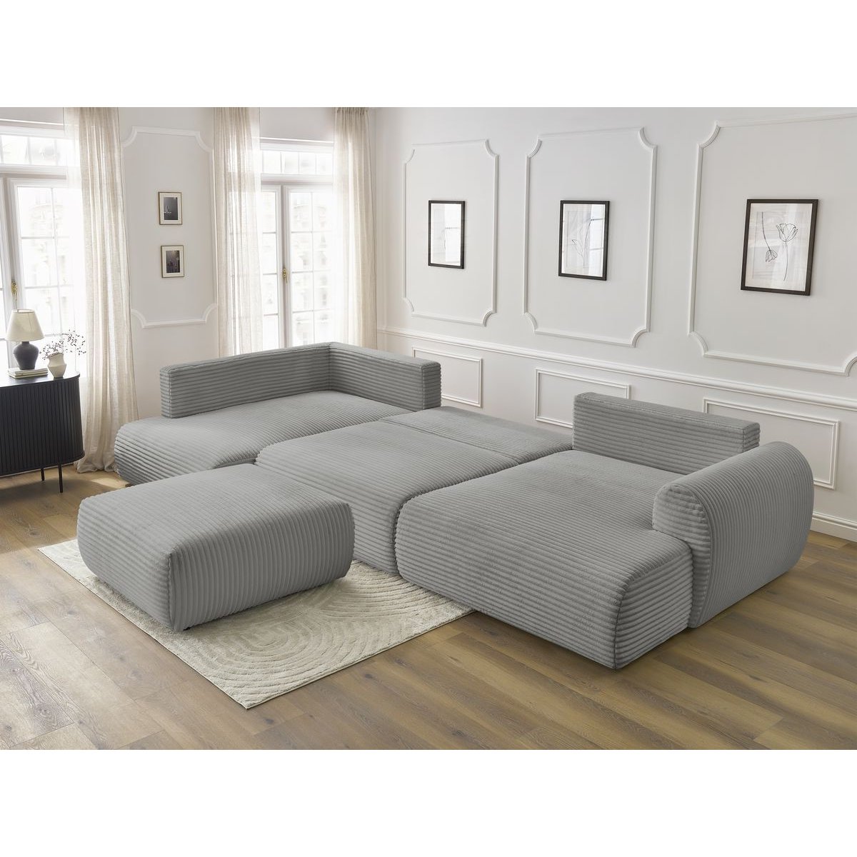 Canapé panoramique convertible 6 places en gros côtelé doux avec pouf, LUCIEN gris foncé, BOBOCHIC