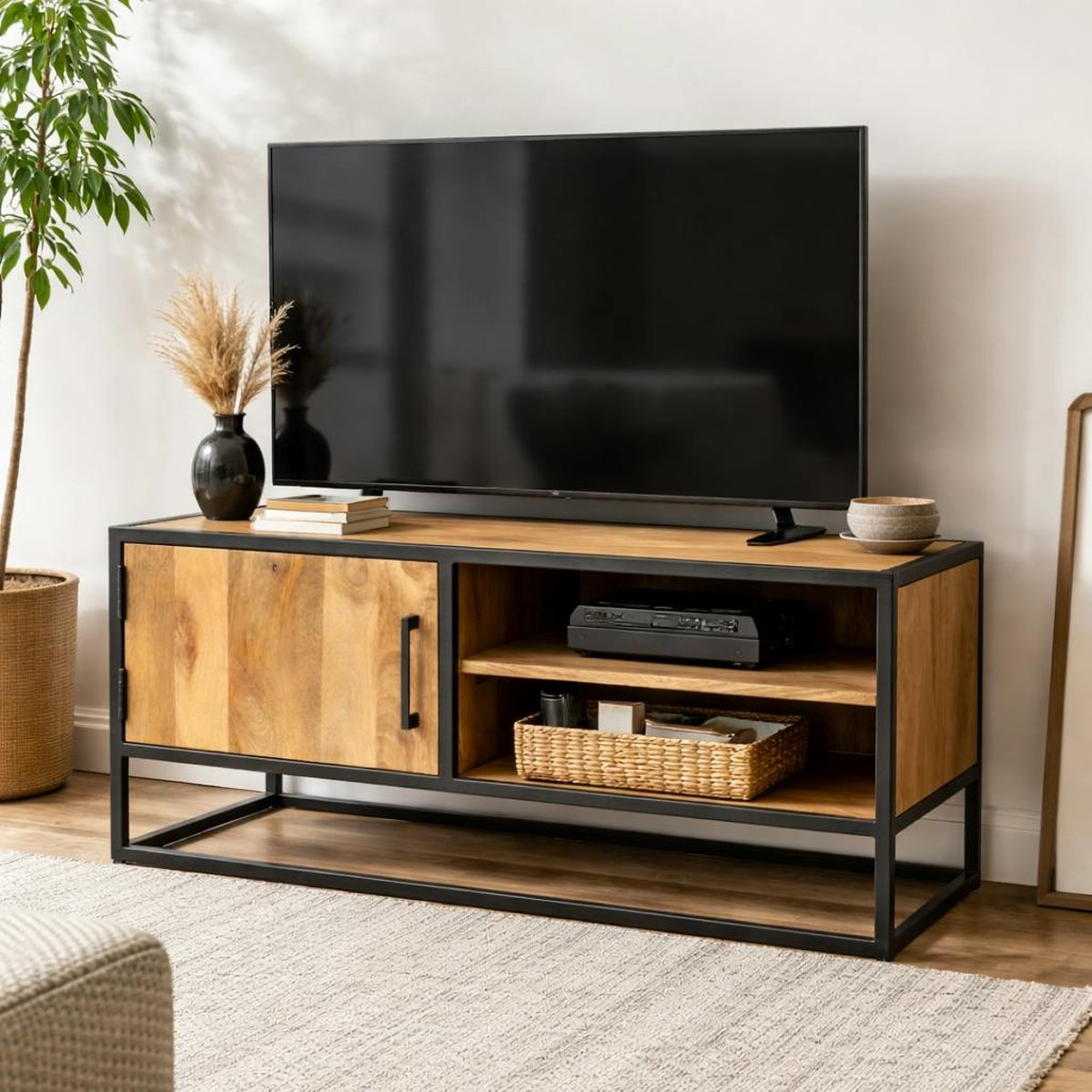 Meuble TV bois et métal 1 porte RIVANO bois clair, PIER IMPORT