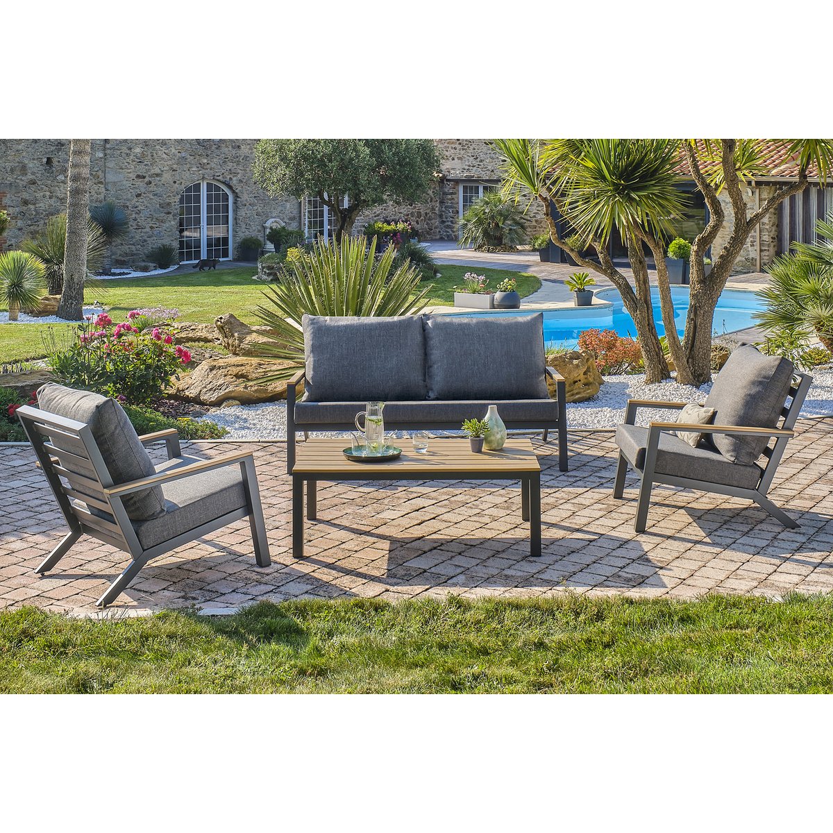 Salon de jardin 5 pl en alu et plateau composite KOMMOS gris anthracite, DCB GARDEN