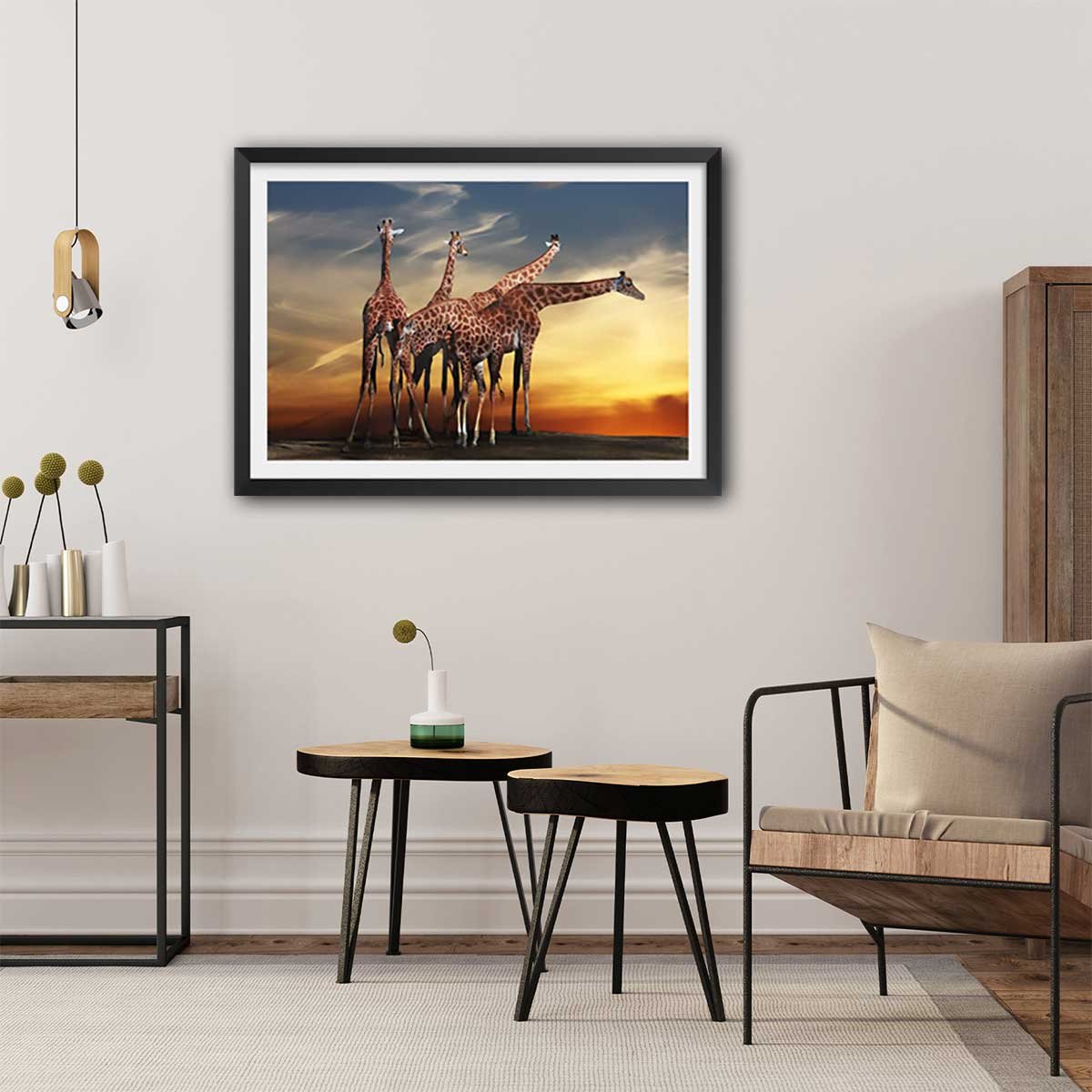 Affiche animaux girafes meeting affiche + cadre en bois - noir, HEXOA