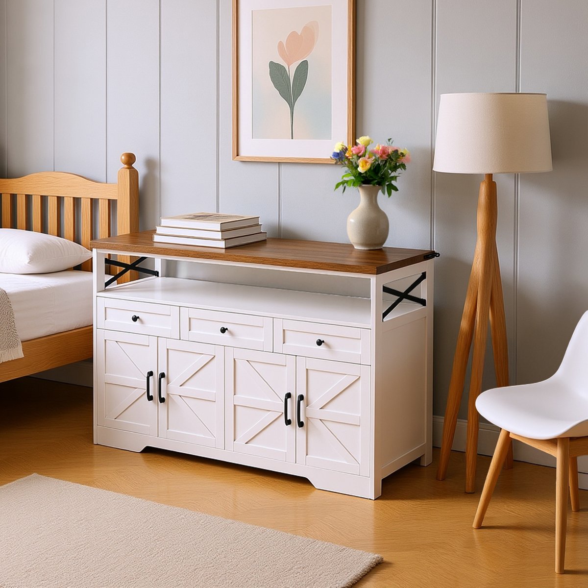 Armoire de rangement avec 4 portes 3 tiroirs et 3 couches, ALBINA Armoire blanc et noyer, MEUBLES COSY