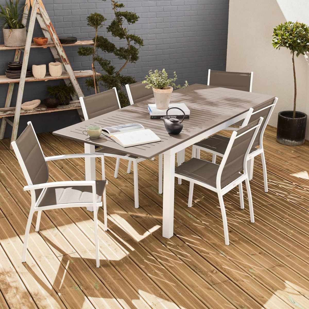 Table de jardin extensible aluminium + 6 assises CHICAGO 210 blanc / taupe, SWEEEK