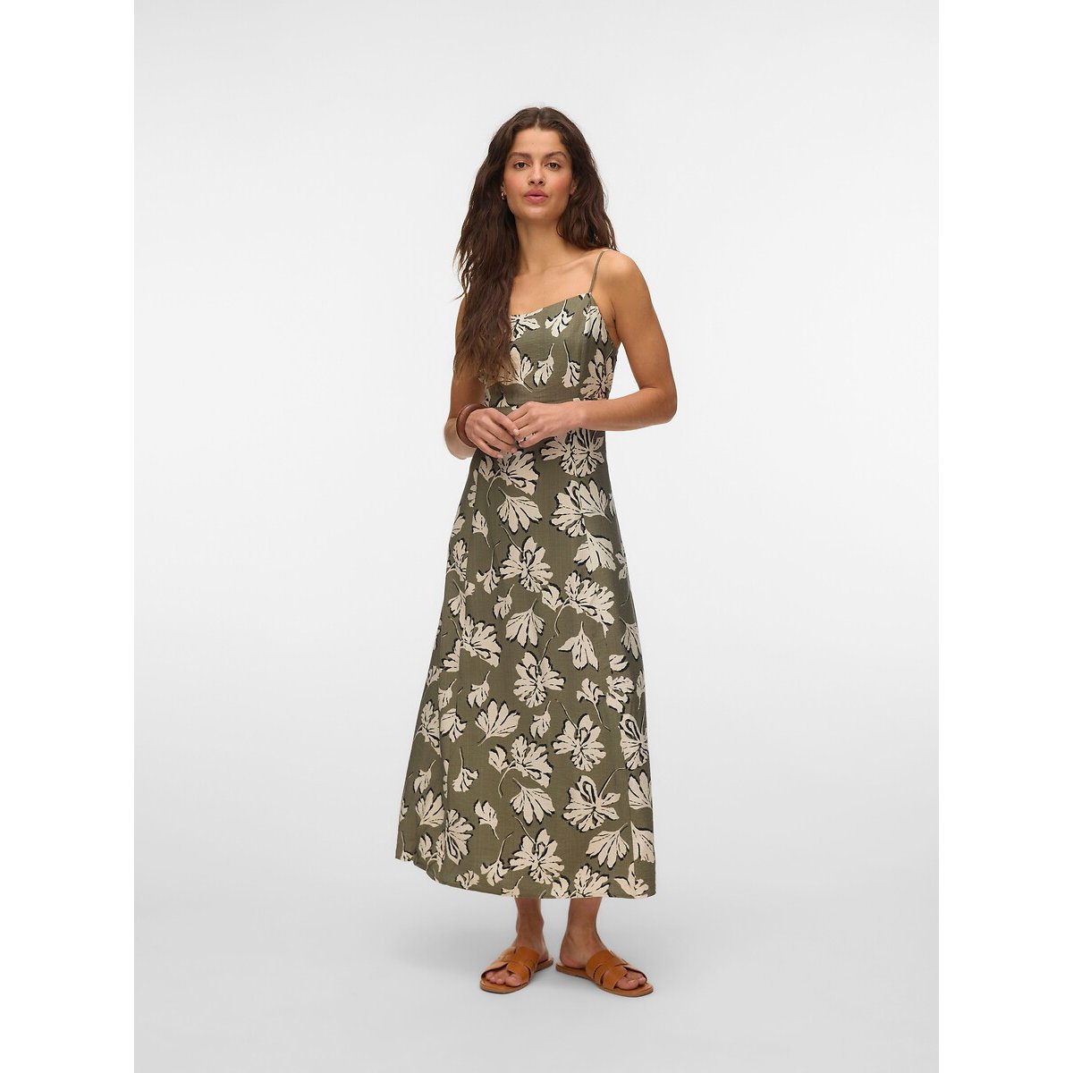Robe longue imprimée à bretelles imprimé vert kaki, VERO MODA