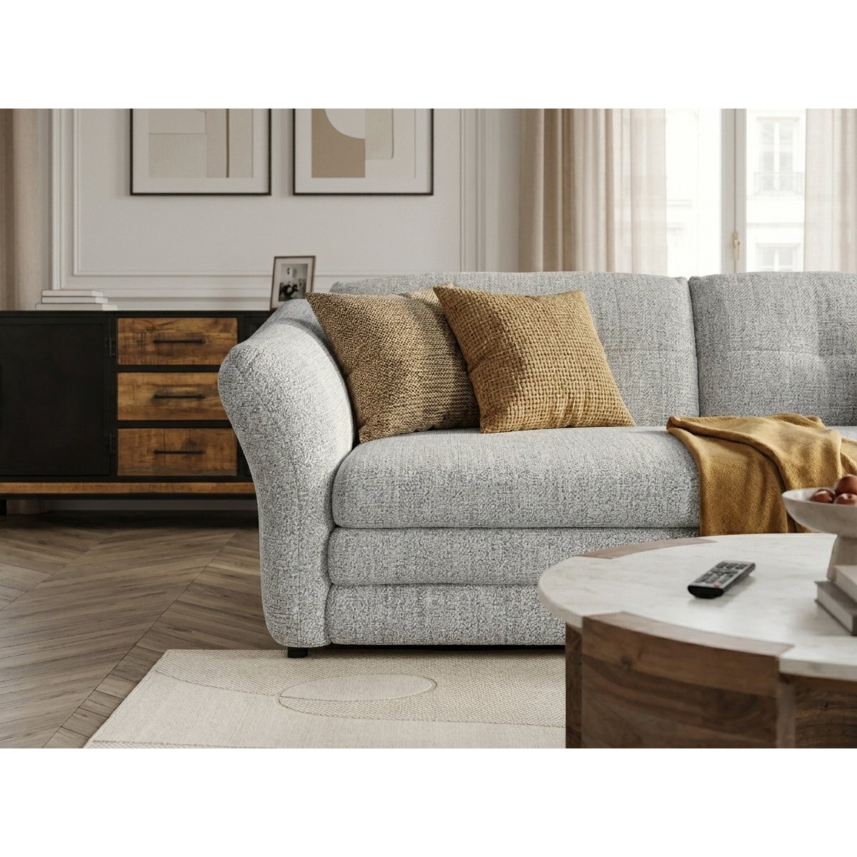 Canapé d'angle fixe 4 places en tissu chiné, MARBLE gris, BOBOCHIC